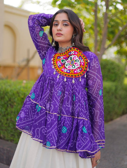 Blue Pure Faux Georgette Bandhani Print With Kutchi Patchework Navratri Lehenga Choli