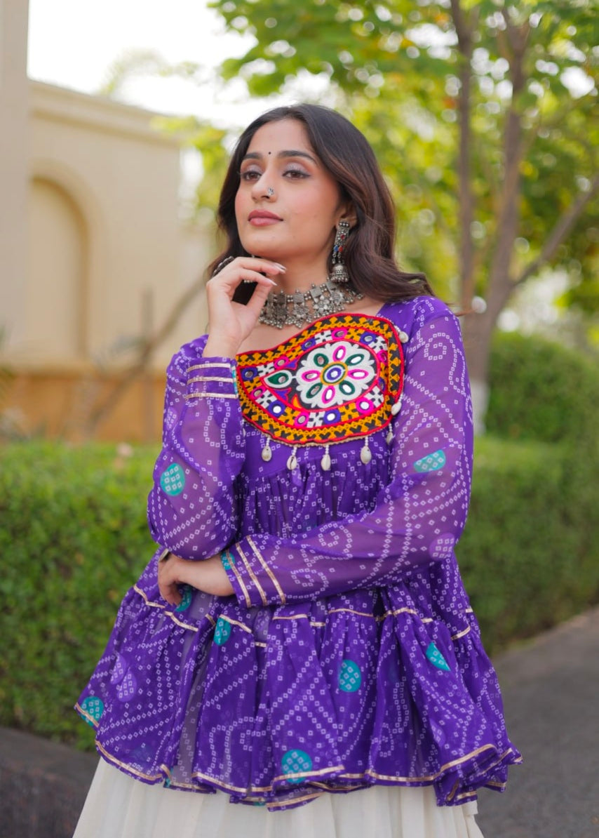 Blue Pure Faux Georgette Bandhani Print With Kutchi Patchework Navratri Lehenga Choli