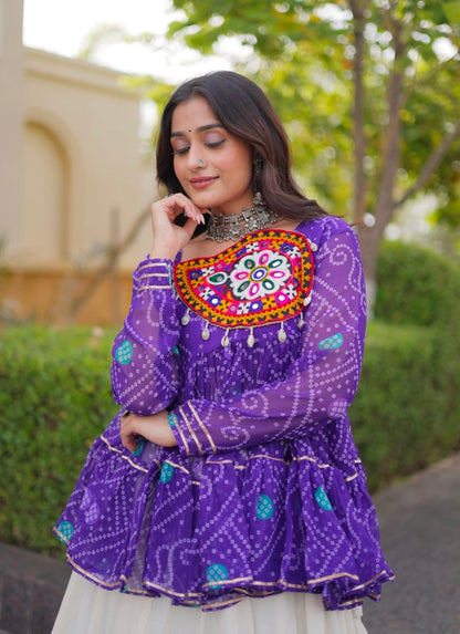 Blue Pure Faux Georgette Bandhani Print With Kutchi Patchework Navratri Lehenga Choli