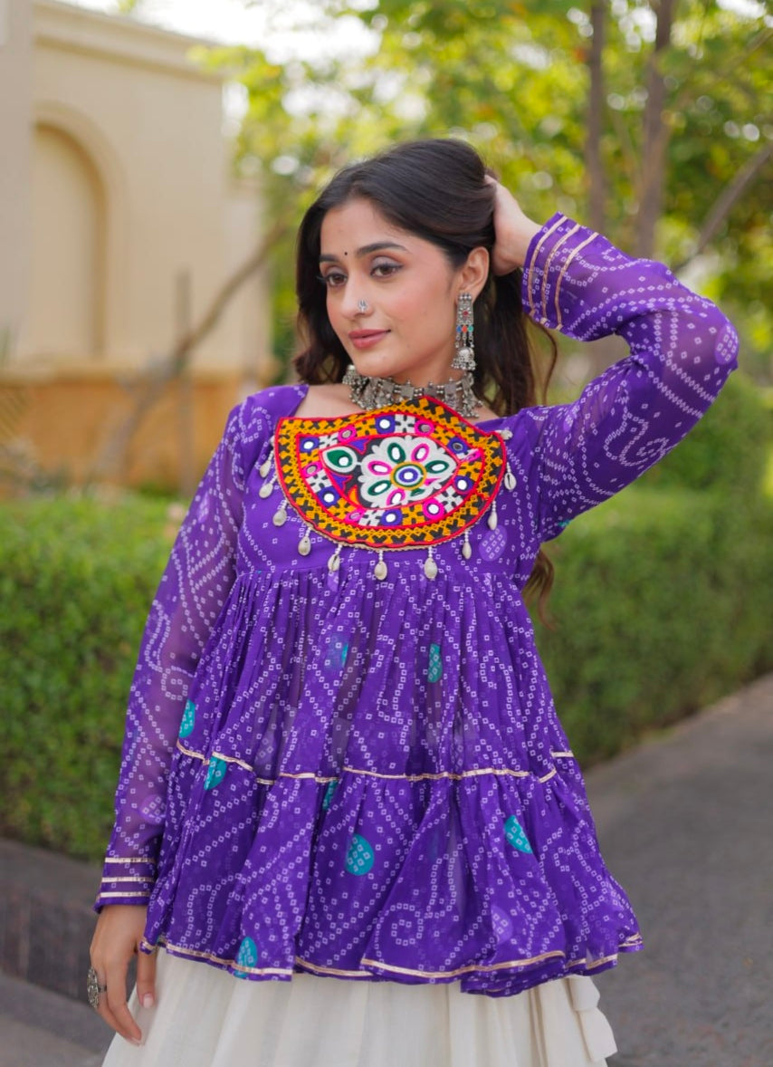 Blue Pure Faux Georgette Bandhani Print With Kutchi Patchework Navratri Lehenga Choli