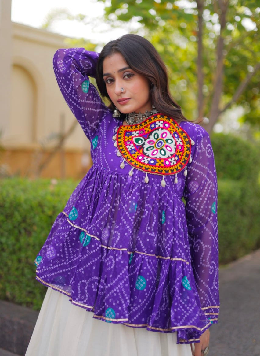 Blue Pure Faux Georgette Bandhani Print With Kutchi Patchework Navratri Lehenga Choli