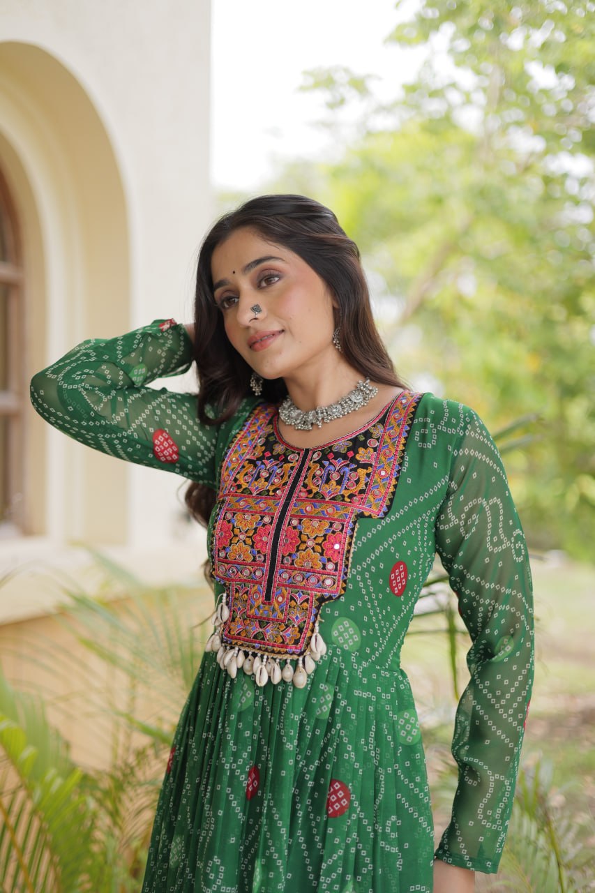 Green Pure Reyon Kutchi Gamthi Thread Embroidered &amp; Mirror Work Anarkali Long Gown