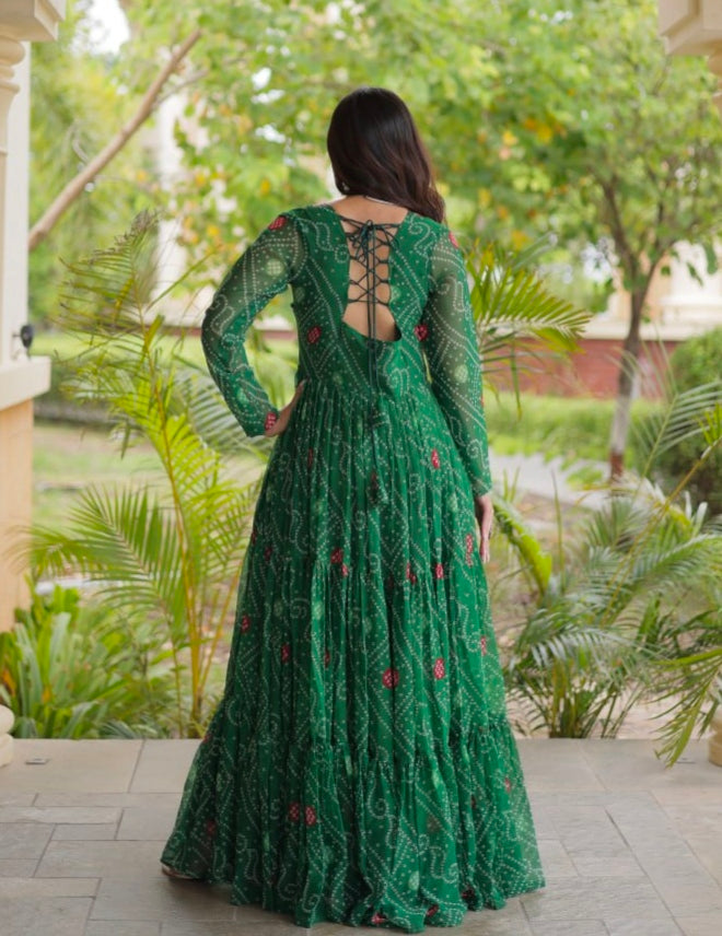 Green Pure Reyon Kutchi Gamthi Thread Embroidered &amp; Mirror Work Anarkali Long Gown