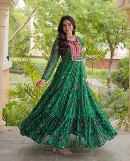 Green Pure Reyon Kutchi Gamthi Thread Embroidered &amp; Mirror Work Anarkali Long Gown
