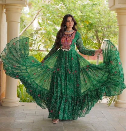 Green Pure Reyon Kutchi Gamthi Thread Embroidered &amp; Mirror Work Anarkali Long Gown