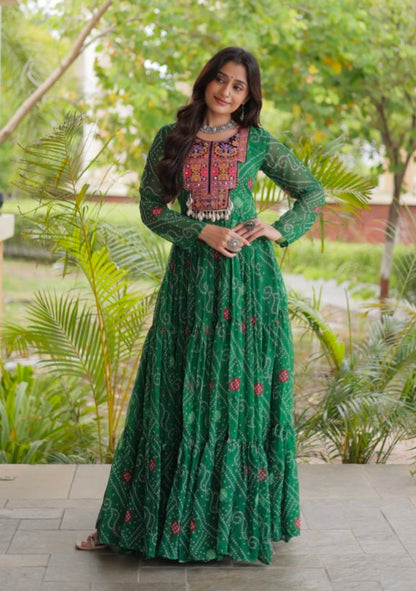 Green Pure Reyon Kutchi Gamthi Thread Embroidered &amp; Mirror Work Anarkali Long Gown