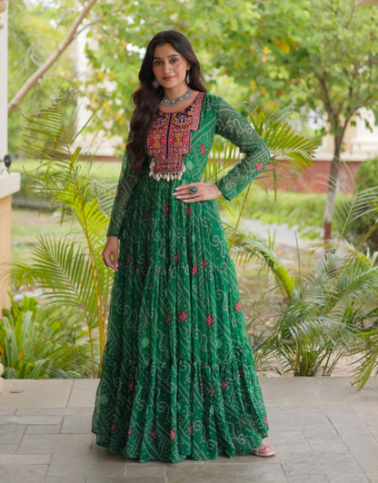 Green Pure Reyon Kutchi Gamthi Thread Embroidered &amp; Mirror Work Anarkali Long Gown