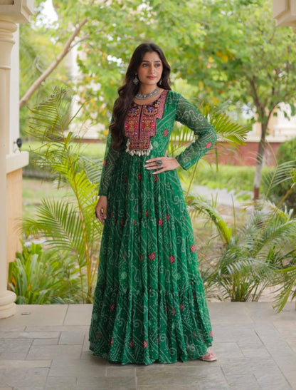 Green Pure Reyon Kutchi Gamthi Thread Embroidered &amp; Mirror Work Anarkali Long Gown