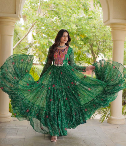 Green Pure Reyon Kutchi Gamthi Thread Embroidered &amp; Mirror Work Anarkali Long Gown