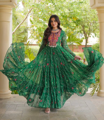 Green Pure Reyon Kutchi Gamthi Thread Embroidered &amp; Mirror Work Anarkali Long Gown