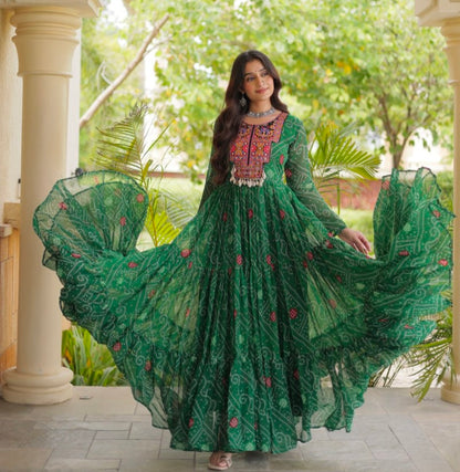 Green Pure Reyon Kutchi Gamthi Thread Embroidered &amp; Mirror Work Anarkali Long Gown