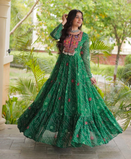 Green Pure Reyon Kutchi Gamthi Thread Embroidered &amp; Mirror Work Anarkali Long Gown