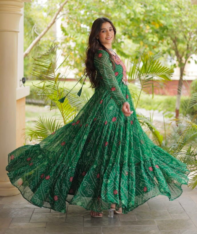 Green Pure Reyon Kutchi Gamthi Thread Embroidered &amp; Mirror Work Anarkali Long Gown
