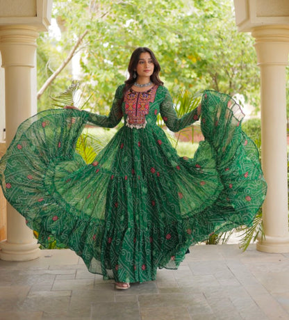 Green Pure Reyon Kutchi Gamthi Thread Embroidered &amp; Mirror Work Anarkali Long Gown