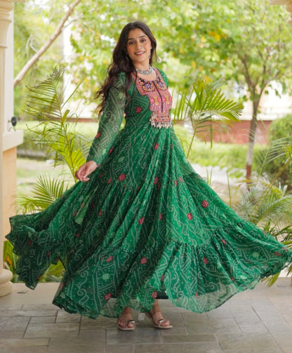 Green Pure Reyon Kutchi Gamthi Thread Embroidered &amp; Mirror Work Anarkali Long Gown