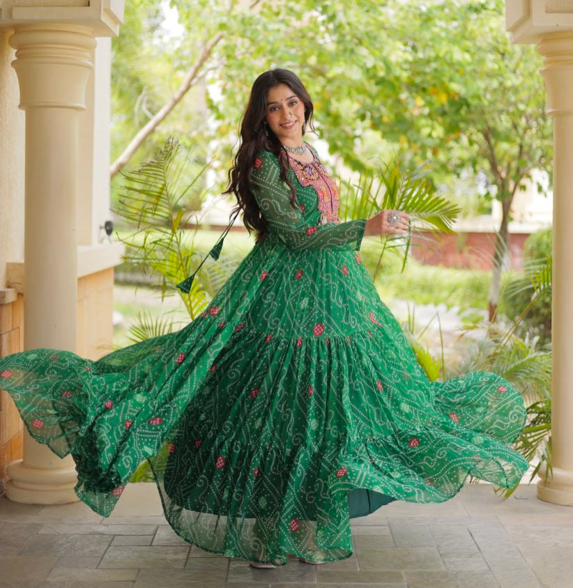 Green Pure Reyon Kutchi Gamthi Thread Embroidered &amp; Mirror Work Anarkali Long Gown