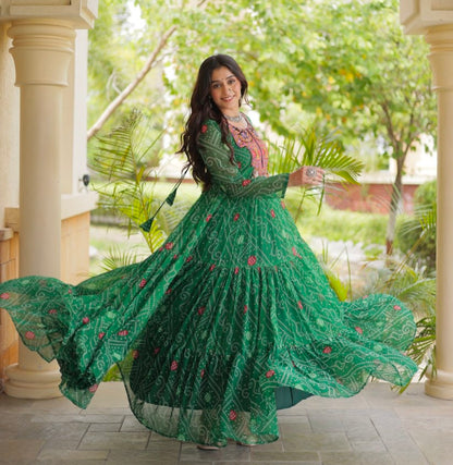 Green Pure Reyon Kutchi Gamthi Thread Embroidered &amp; Mirror Work Anarkali Long Gown