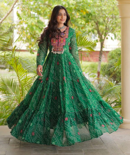 Green Pure Reyon Kutchi Gamthi Thread Embroidered &amp; Mirror Work Anarkali Long Gown