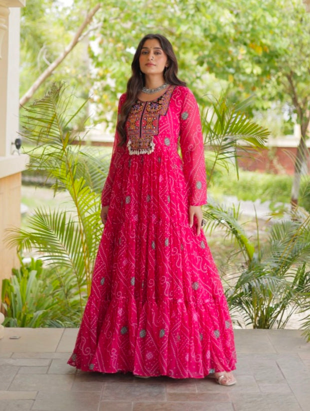 Pink Pure Reyon Kutchi Gamthi Thread Embroidered &amp; Mirror Work Anarkali Long Gown