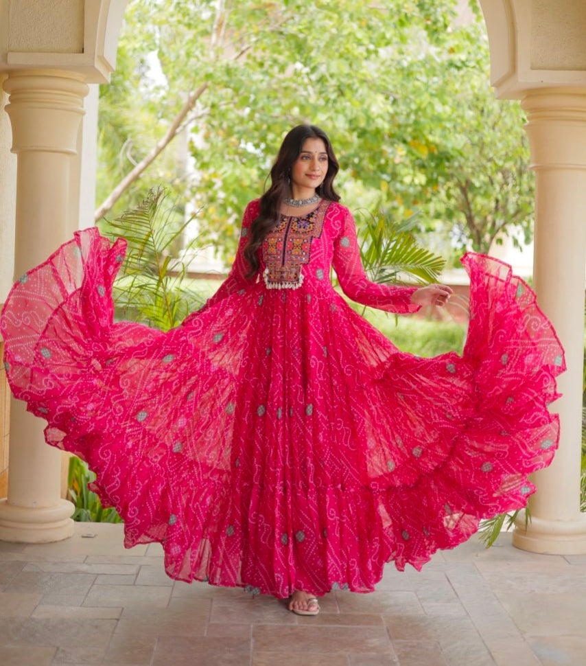 Pink Pure Reyon Kutchi Gamthi Thread Embroidered &amp; Mirror Work Anarkali Long Gown