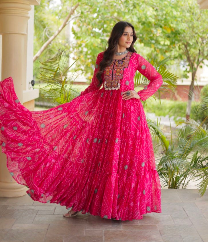 Pink Pure Reyon Kutchi Gamthi Thread Embroidered &amp; Mirror Work Anarkali Long Gown