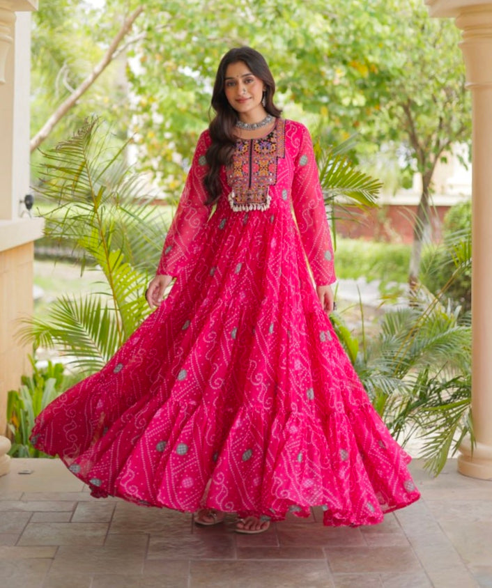 Pink Pure Reyon Kutchi Gamthi Thread Embroidered &amp; Mirror Work Anarkali Long Gown