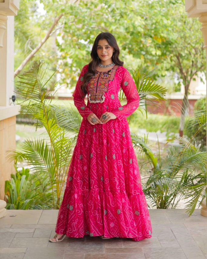 Pink Pure Reyon Kutchi Gamthi Thread Embroidered &amp; Mirror Work Anarkali Long Gown