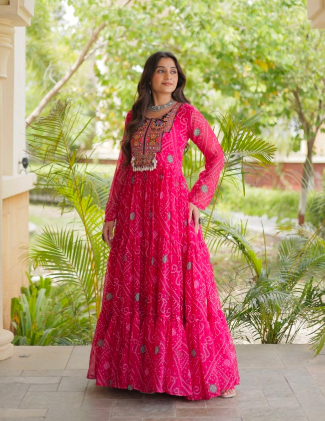 Pink Pure Reyon Kutchi Gamthi Thread Embroidered &amp; Mirror Work Anarkali Long Gown