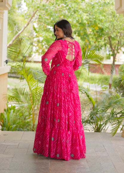 Pink Pure Reyon Kutchi Gamthi Thread Embroidered &amp; Mirror Work Anarkali Long Gown