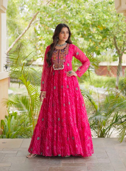 Pink Pure Reyon Kutchi Gamthi Thread Embroidered &amp; Mirror Work Anarkali Long Gown