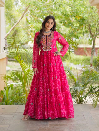 Pink Pure Reyon Kutchi Gamthi Thread Embroidered &amp; Mirror Work Anarkali Long Gown