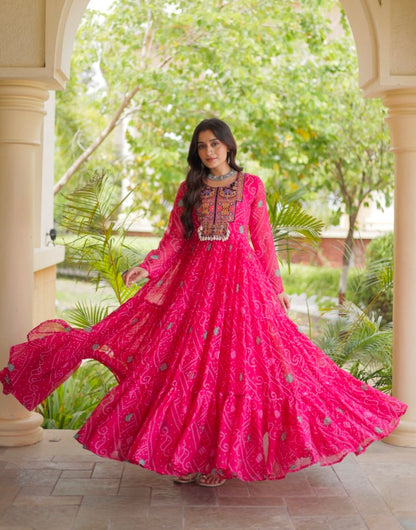Pink Pure Reyon Kutchi Gamthi Thread Embroidered &amp; Mirror Work Anarkali Long Gown