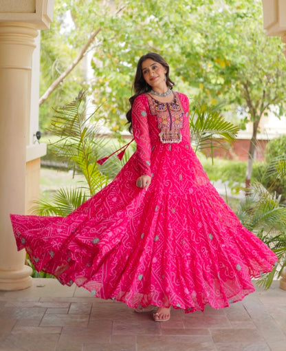 Pink Pure Reyon Kutchi Gamthi Thread Embroidered &amp; Mirror Work Anarkali Long Gown