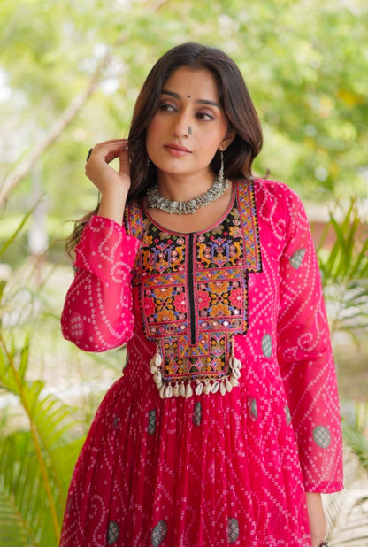 Pink Pure Reyon Kutchi Gamthi Thread Embroidered &amp; Mirror Work Anarkali Long Gown