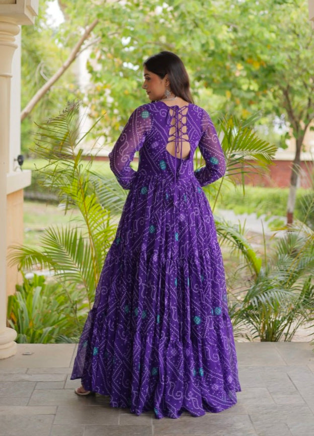 Purple Pure Reyon Kutchi Gamthi Thread Embroidered &amp; Mirror Work Anarkali Long Gown