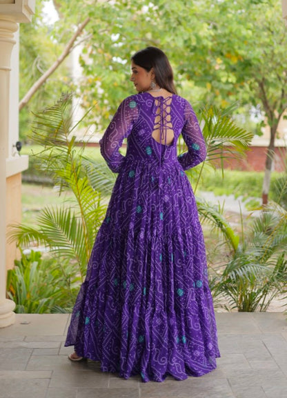 Purple Pure Reyon Kutchi Gamthi Thread Embroidered &amp; Mirror Work Anarkali Long Gown
