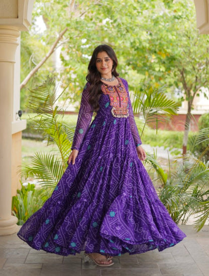 Purple Pure Reyon Kutchi Gamthi Thread Embroidered &amp; Mirror Work Anarkali Long Gown
