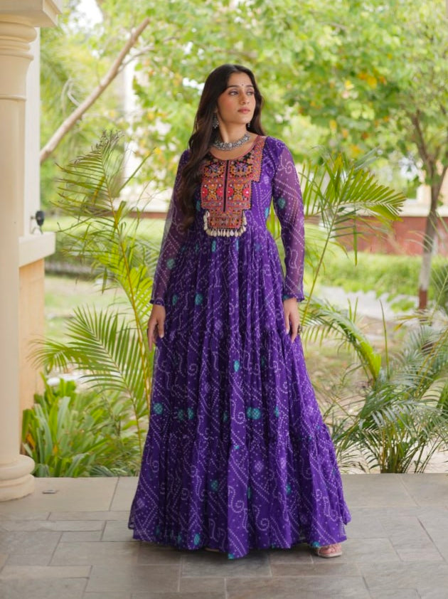 Purple Pure Reyon Kutchi Gamthi Thread Embroidered &amp; Mirror Work Anarkali Long Gown