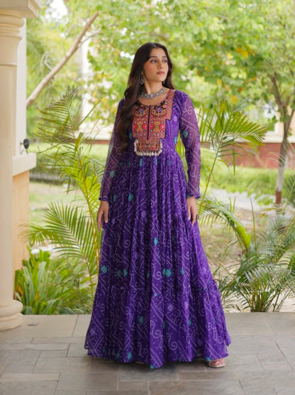 Purple Pure Reyon Kutchi Gamthi Thread Embroidered &amp; Mirror Work Anarkali Long Gown