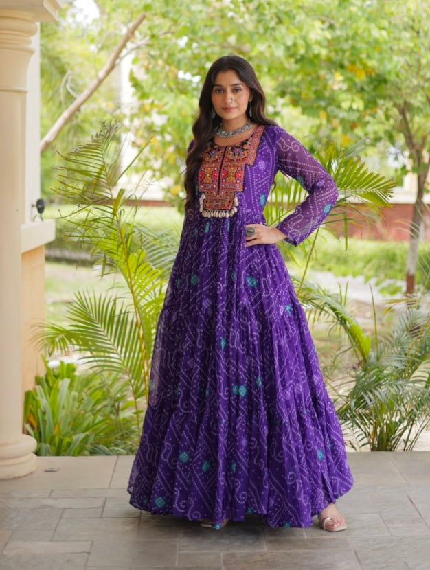 Purple Pure Reyon Kutchi Gamthi Thread Embroidered &amp; Mirror Work Anarkali Long Gown