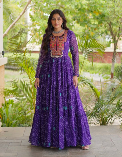 Purple Pure Reyon Kutchi Gamthi Thread Embroidered &amp; Mirror Work Anarkali Long Gown