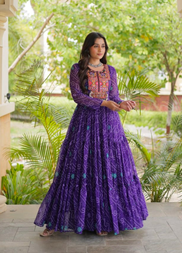 Purple Pure Reyon Kutchi Gamthi Thread Embroidered &amp; Mirror Work Anarkali Long Gown
