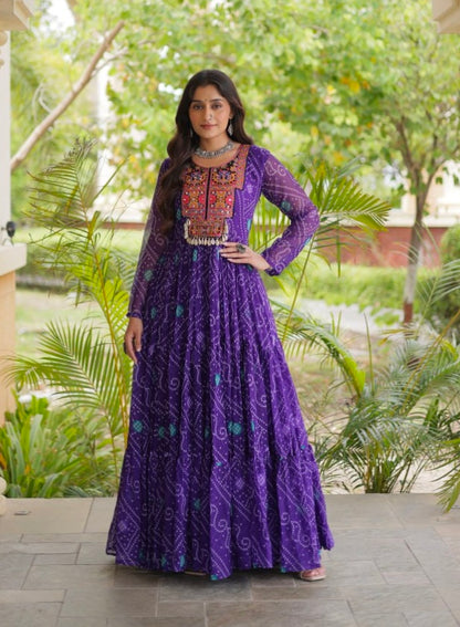 Purple Pure Reyon Kutchi Gamthi Thread Embroidered &amp; Mirror Work Anarkali Long Gown