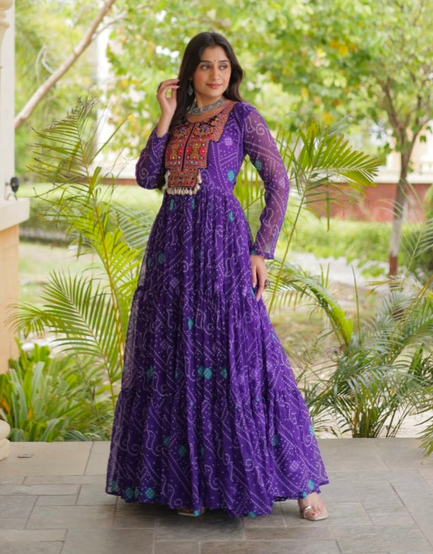 Purple Pure Reyon Kutchi Gamthi Thread Embroidered &amp; Mirror Work Anarkali Long Gown