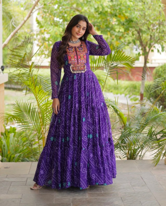 Purple Pure Reyon Kutchi Gamthi Thread Embroidered &amp; Mirror Work Anarkali Long Gown