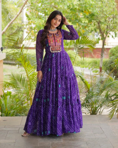 Purple Pure Reyon Kutchi Gamthi Thread Embroidered &amp; Mirror Work Anarkali Long Gown
