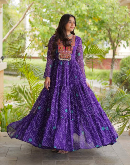 Purple Pure Reyon Kutchi Gamthi Thread Embroidered &amp; Mirror Work Anarkali Long Gown