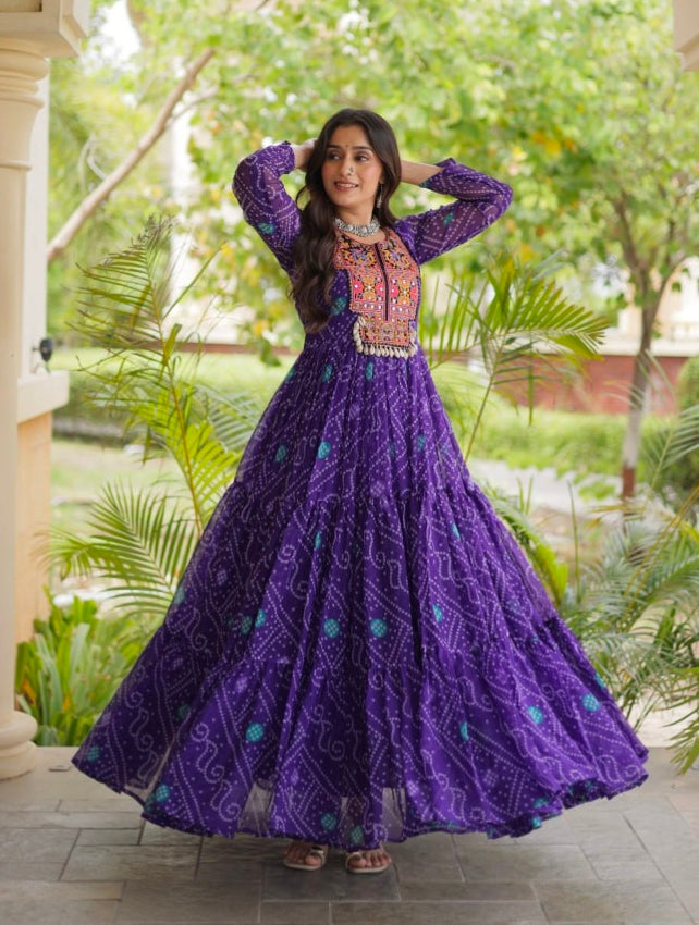 Purple Pure Reyon Kutchi Gamthi Thread Embroidered &amp; Mirror Work Anarkali Long Gown