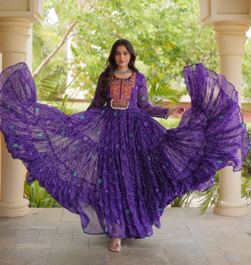 Purple Pure Reyon Kutchi Gamthi Thread Embroidered &amp; Mirror Work Anarkali Long Gown