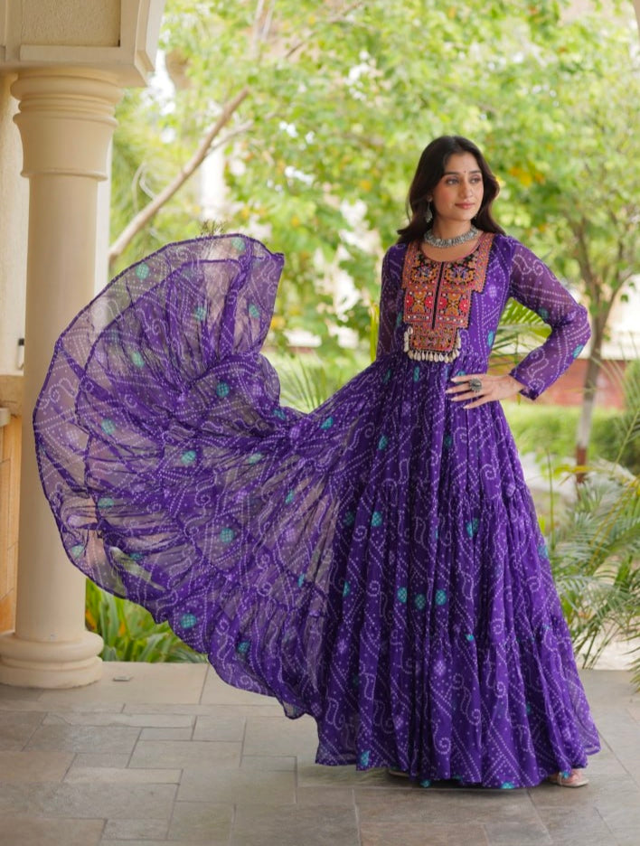 Purple Pure Reyon Kutchi Gamthi Thread Embroidered &amp; Mirror Work Anarkali Long Gown